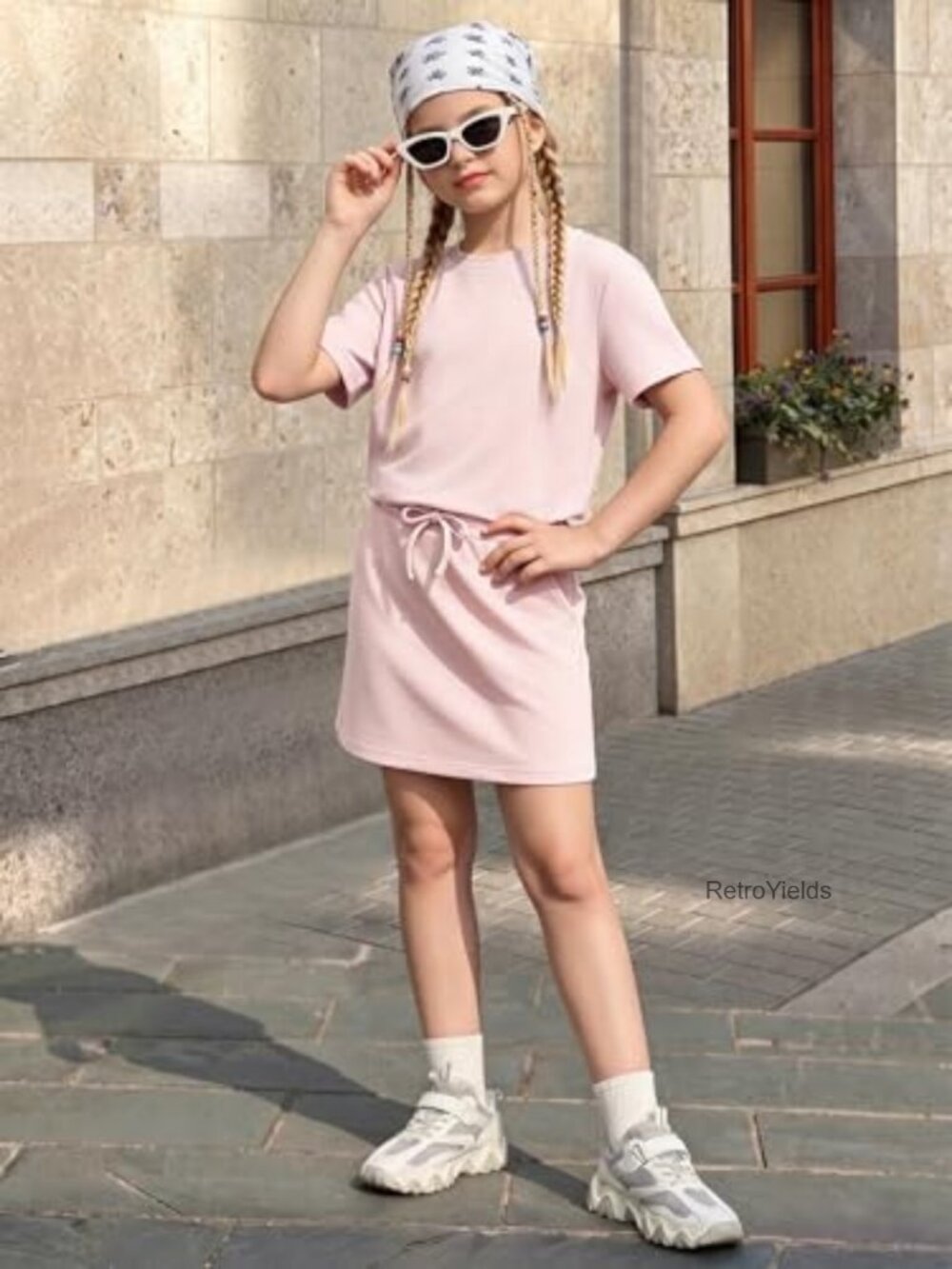Girls Skirt Set 2 Piece Short Sleeve Tee with Pockets Skort Summer Outfit - Picture 5 of 7